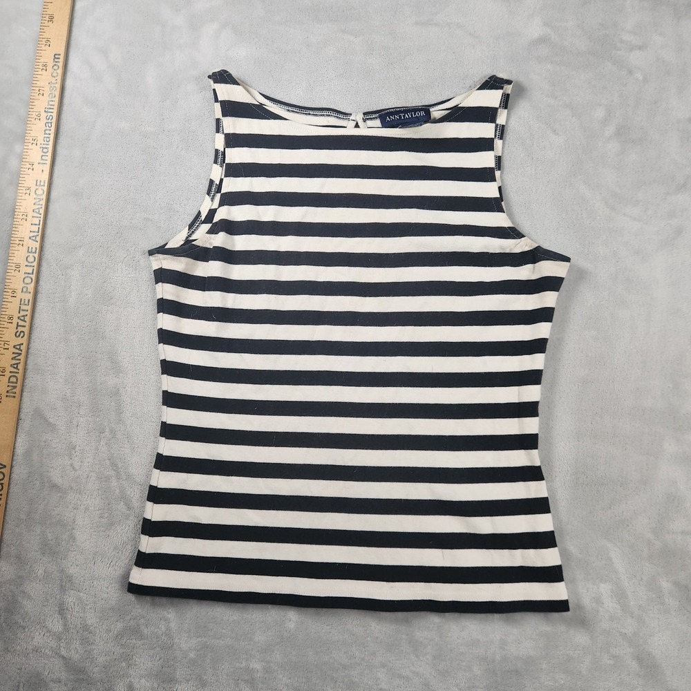 Ann Taylor Navy White Striped Cotton Boatneck Tank Top Sz S Coastal Preppy